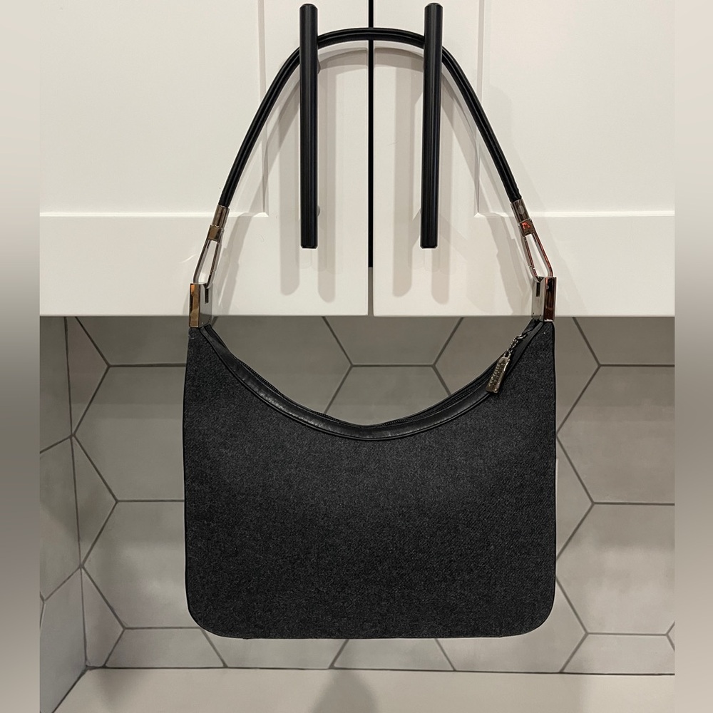 Stuart Weitzman Vintage Shoulder Bag Purse Black Leather and Grey Wool